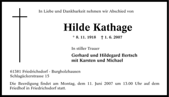 Traueranzeige von Hilde Kathage von Tageszeitung
