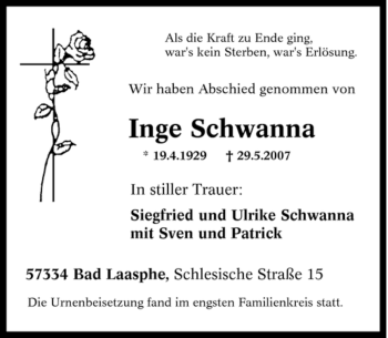 Traueranzeige von Inge Schwanna von Tageszeitung