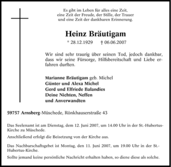 Traueranzeige von Heinz Bräutigam von Tageszeitung