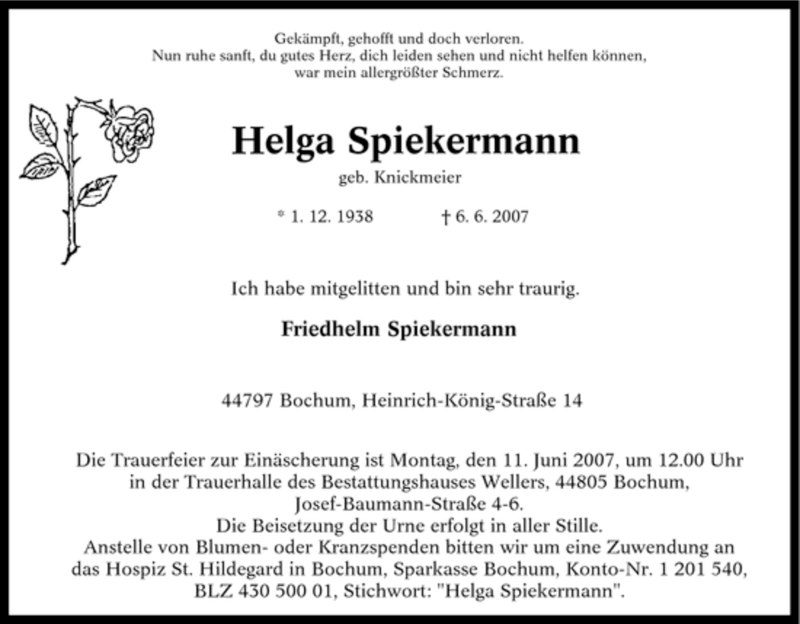  Traueranzeige für Helga Spiekermann vom 07.06.2007 aus Tageszeitung