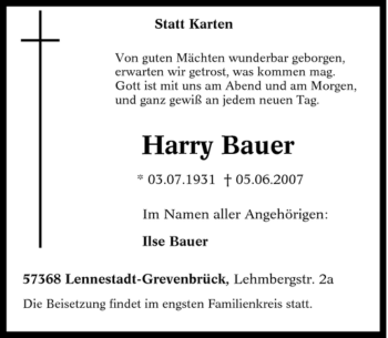 Traueranzeige von Harry Bauer von Tageszeitung