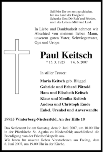 Traueranzeige von Paul Keitsch von Tageszeitung