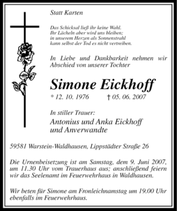 Traueranzeige von Simone Eickhoff von Tageszeitung