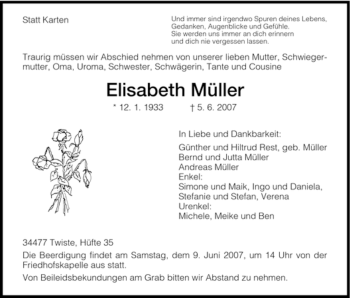 Traueranzeige von Elisabeth Müller von Tageszeitung