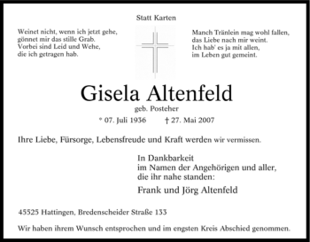Traueranzeige von Gisela Altenfeld von Tageszeitung