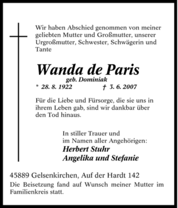 Traueranzeige von Wanda de Paris von Tageszeitung