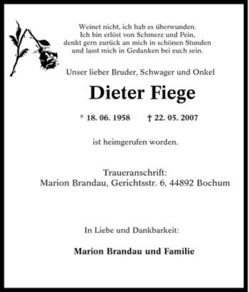 Traueranzeige von Dieter Fiege von Tageszeitung