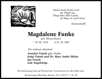Traueranzeige von Magdalene Funke von Tageszeitung