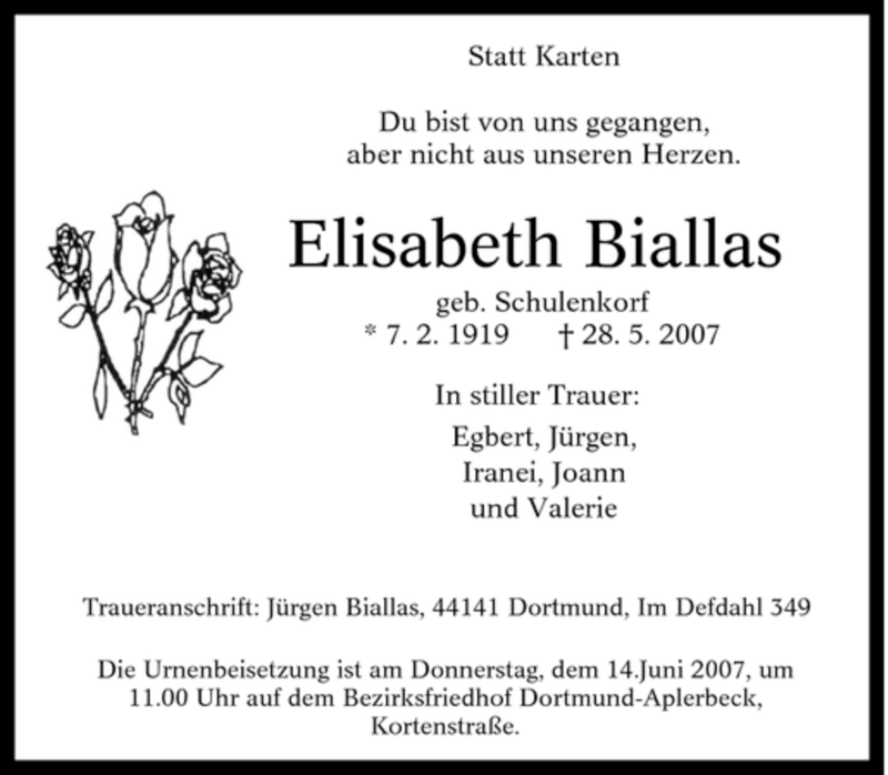  Traueranzeige für Elisabeth Biallas vom 09.06.2007 aus Tageszeitung