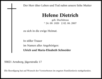 Traueranzeige von Helene Dietrich von Tageszeitung