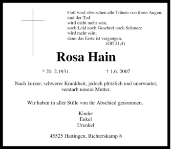 Traueranzeige von Rosa Hain von Tageszeitung