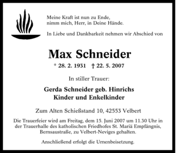 Traueranzeige von Max Schneider von Tageszeitung