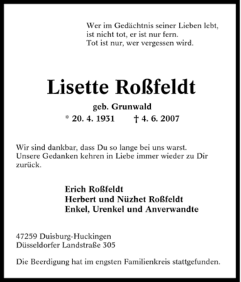 Traueranzeige von Lisette Roßfeldt von Tageszeitung