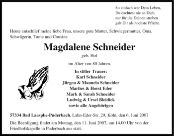 Traueranzeige von Magdalene Schneider von Tageszeitung