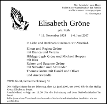 Traueranzeige von Elisabeth Gröne von Tageszeitung