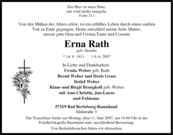 Traueranzeige von Erna Rath von Tageszeitung