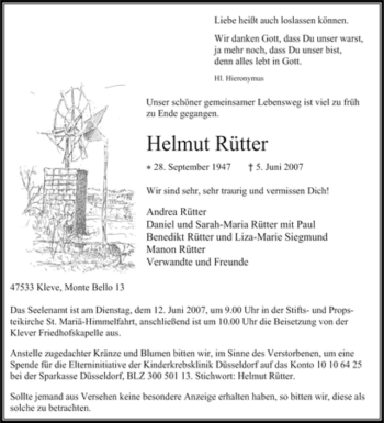 Traueranzeige von Helmut Rütter von Tageszeitung