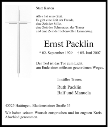 Traueranzeige von Ernst Packlin von Tageszeitung