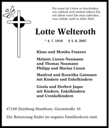 Traueranzeige von Lotte Welteroth von Tageszeitung