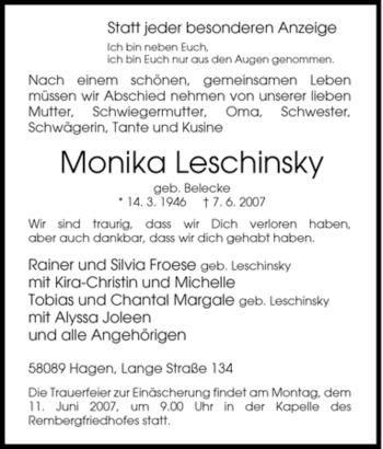 Traueranzeige von Monika Leschinsky von Tageszeitung