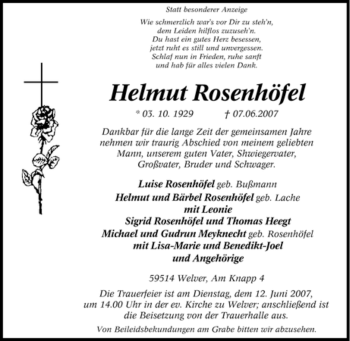 Traueranzeige von Helmut Rosenhöfel von Tageszeitung