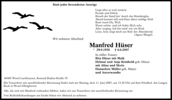 Traueranzeige von Manfred Hüser von Tageszeitung
