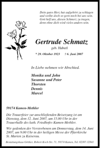Traueranzeige von Gertrude Schmatz von Tageszeitung