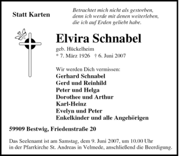Traueranzeige von Elvira Schnabel von Tageszeitung