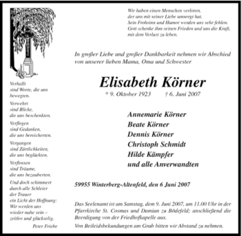 Traueranzeige von Elisabeth Körner von Tageszeitung