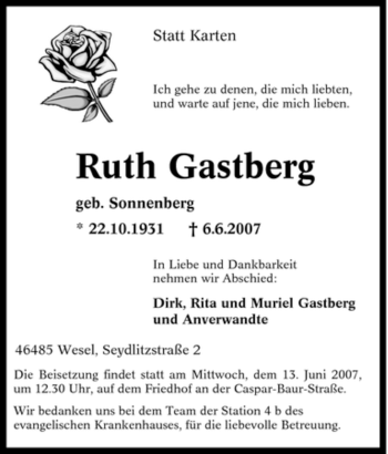 Traueranzeige von Ruth Gastberg von Tageszeitung