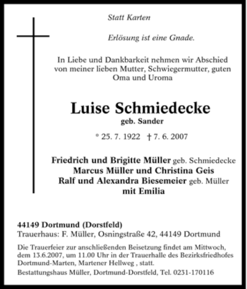 Traueranzeige von Luise Schmiedecke von Tageszeitung