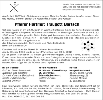 Traueranzeige von Hartmut Traugott Bartsch von Tageszeitung