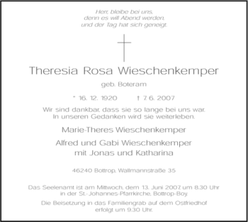 Traueranzeige von Theresia Rosa Wieschenkemper von Tageszeitung