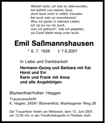 Traueranzeige von Emil Saßmannshausen von Tageszeitung