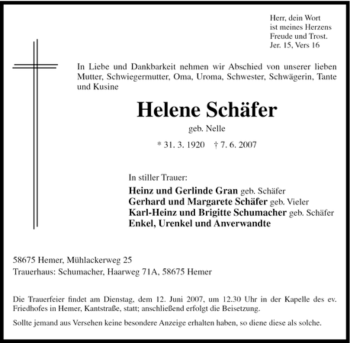 Traueranzeige von Helene Schäfer von Tageszeitung