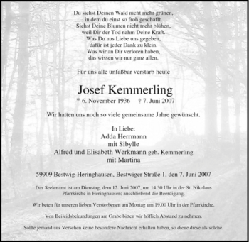 Traueranzeige von Josef Kemmerling von Tageszeitung