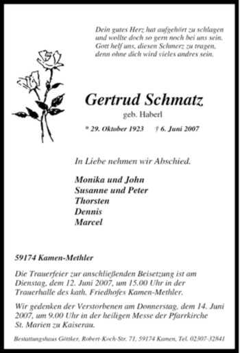 Traueranzeige von Gertrud Schmatz von Tageszeitung