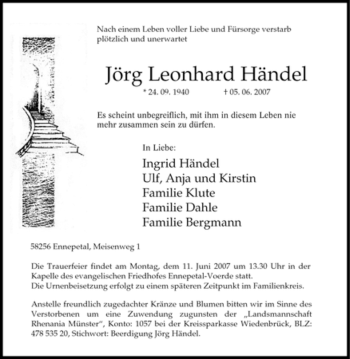 Traueranzeige von Jörg Leonhard Händel von Tageszeitung