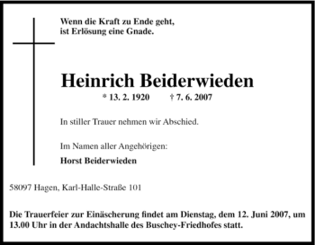 Traueranzeige von Heinrich Beiderwieden von Tageszeitung
