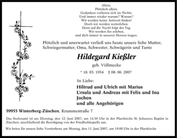 Traueranzeige von Hildegard Kießler von Tageszeitung