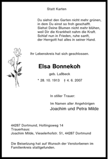 Traueranzeige von Elsa Bonnekoh von Tageszeitung