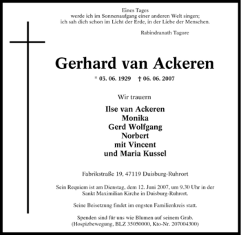 Traueranzeige von Gerhard van Ackeren von Tageszeitung