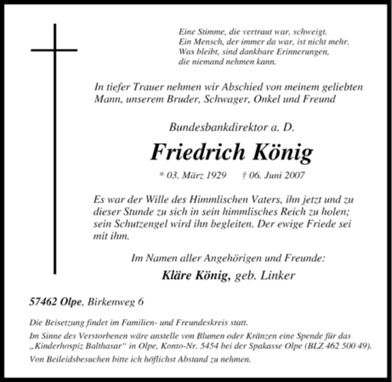 Traueranzeige für Friedrich König vom 09.06.2007 aus Tageszeitung