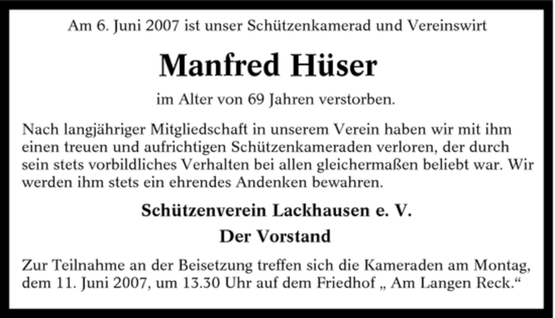  Traueranzeige für Manfred Hüser vom 09.06.2007 aus Tageszeitung