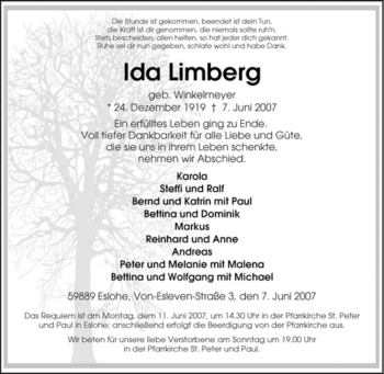 Traueranzeige von Ida Limberg von Tageszeitung