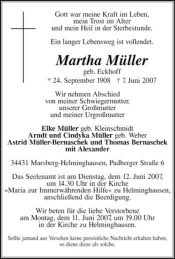 Traueranzeige von Martha Müller von Tageszeitung