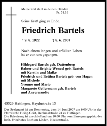 Traueranzeige von Friedrich Bartels von Tageszeitung