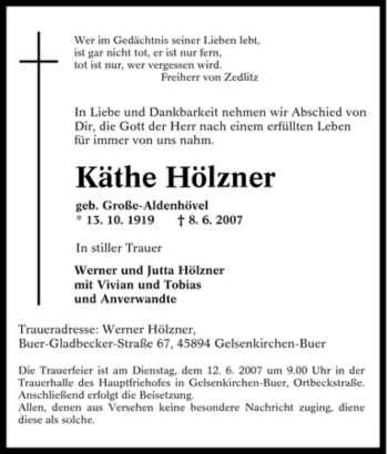 Traueranzeige von Käthe Hölzner von Tageszeitung