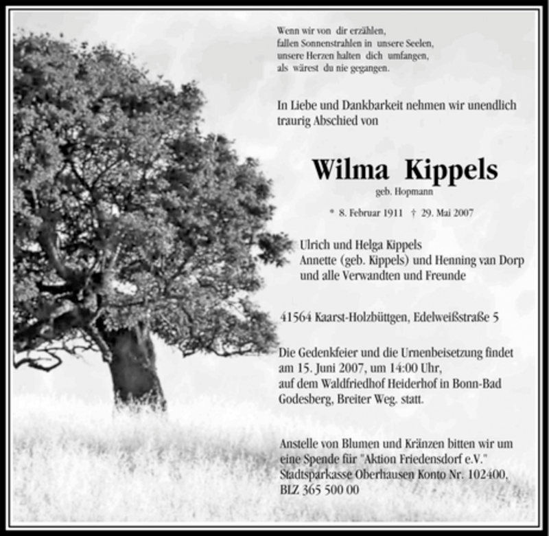  Traueranzeige für Wilma Kippels vom 09.06.2007 aus Tageszeitung