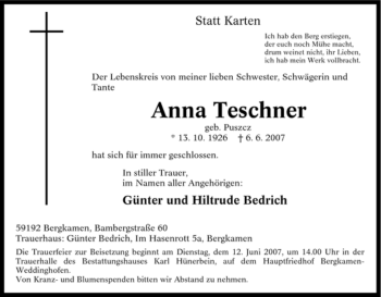 Traueranzeige von Anna Teschner von Tageszeitung